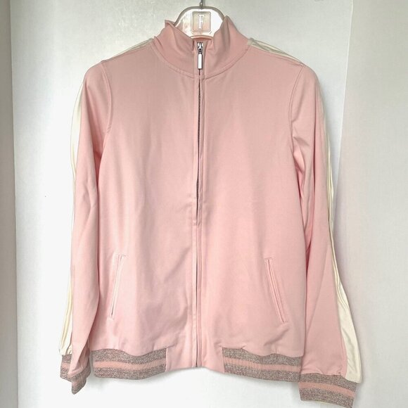 Anthropologie Jackets & Blazers - Anthropologie Bomber Track Jacket Womens Pink Full Zip Stretch Stripe Sleeve